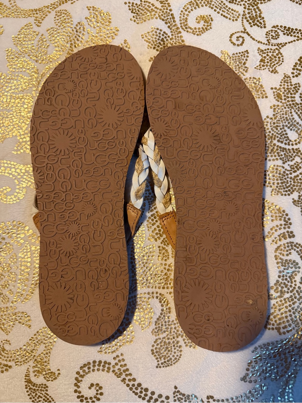 UGG Braided Brown and White Leather Thong Sandals - Picture 2 of 6